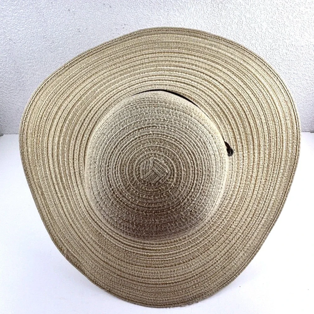 Shoe Shack Sun Hat Womens OS Beige Wide Brim Woven Straw Chin Strap Beach Summer